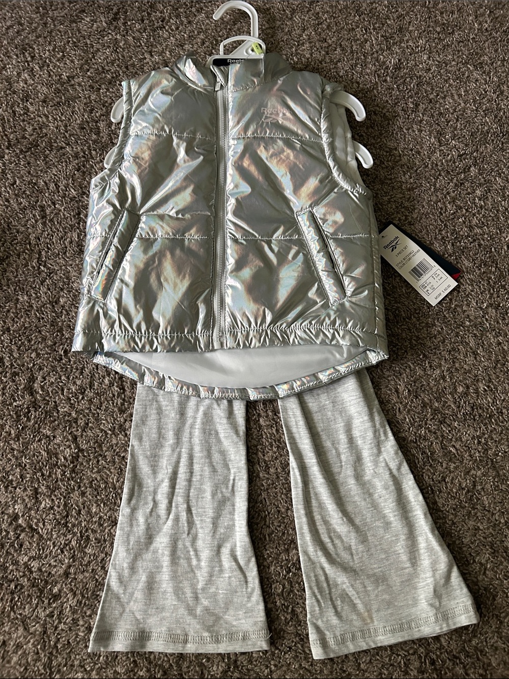 Reebok Iridescent Silver Puffer Vest with Light Gray Heather Pants